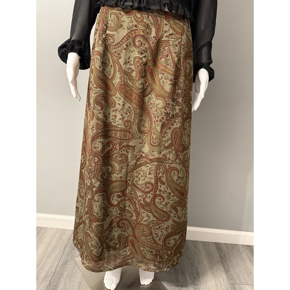 VTG Premier International Maxi‎ Skirt Chiffon Olive/Black Paisley Whimsy Sz 14